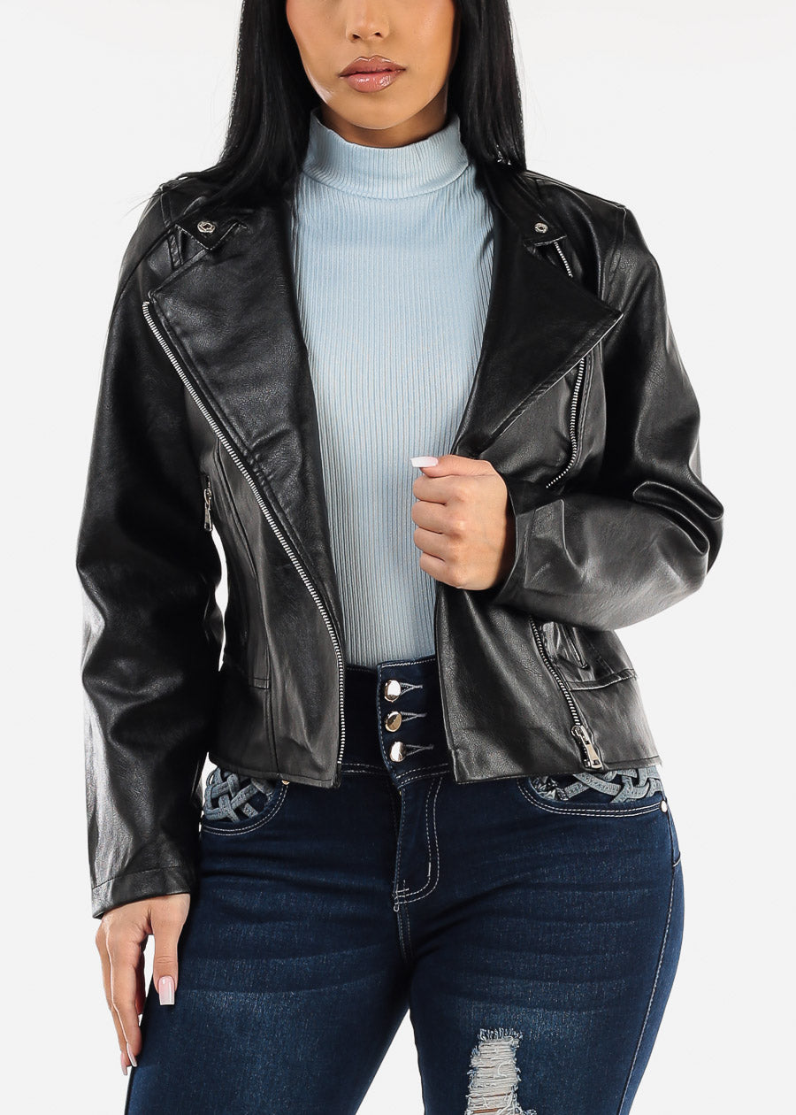 Black Vegan Leather Zip Up Moto Jacket