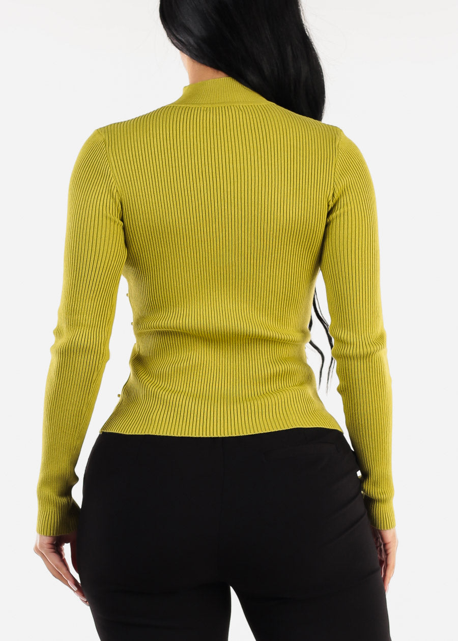 Long Sleeve Mock Neck Pearl Sweater Lime