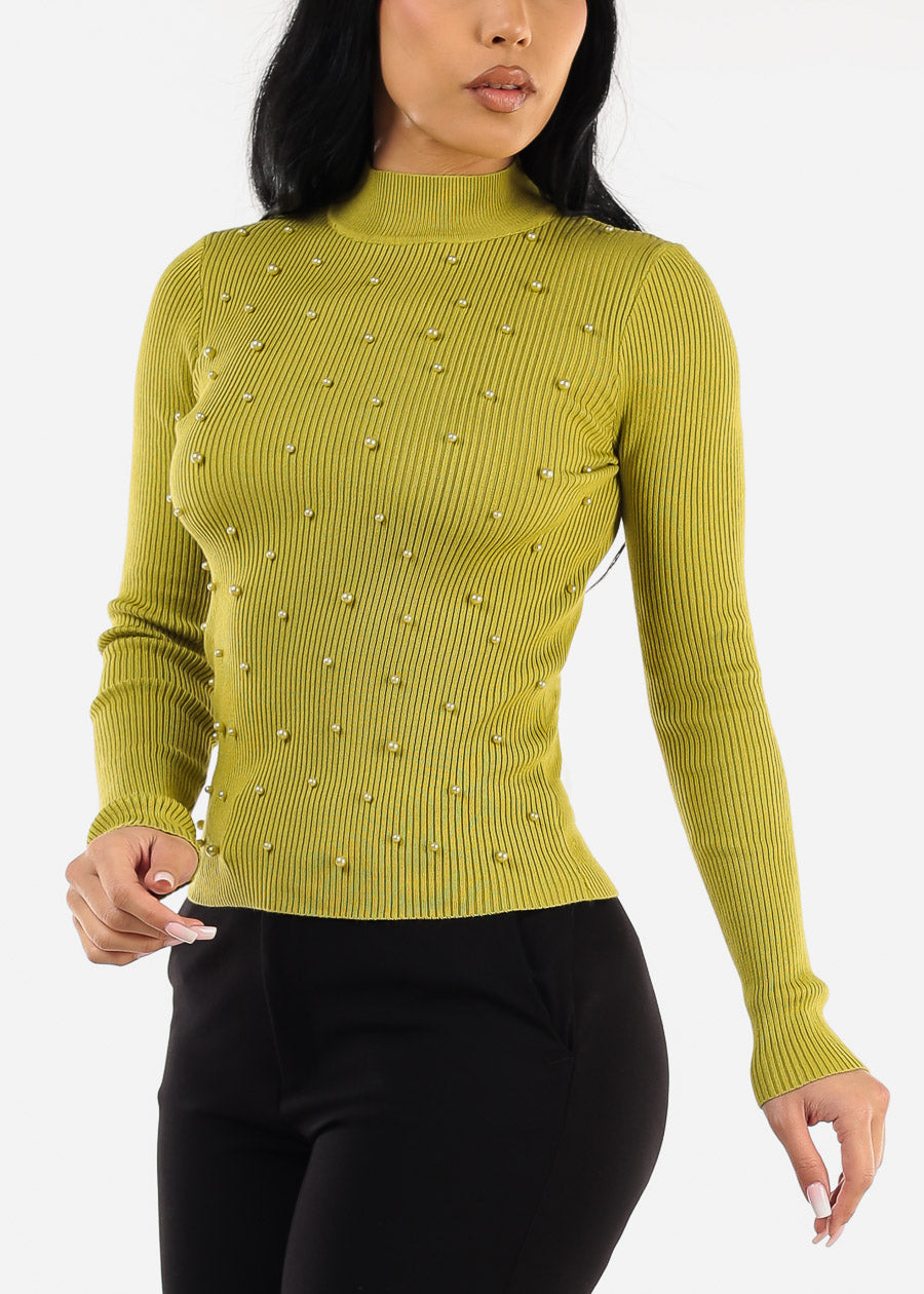 Long Sleeve Mock Neck Pearl Sweater Lime