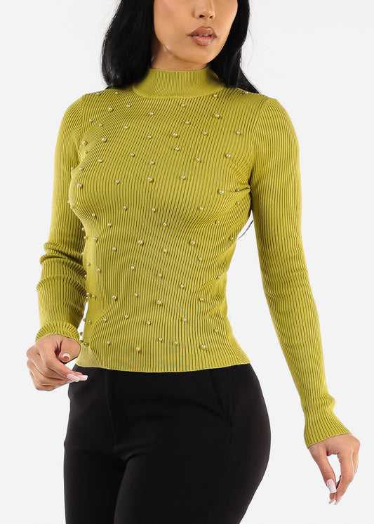 Long Sleeve Mock Neck Pearl Sweater Lime