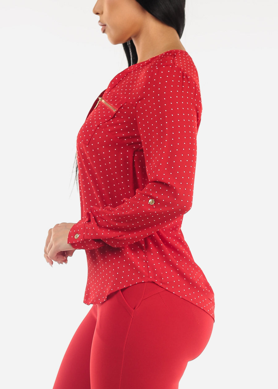 Long Sleeve Half Button Up Polka Dot Blouse Red