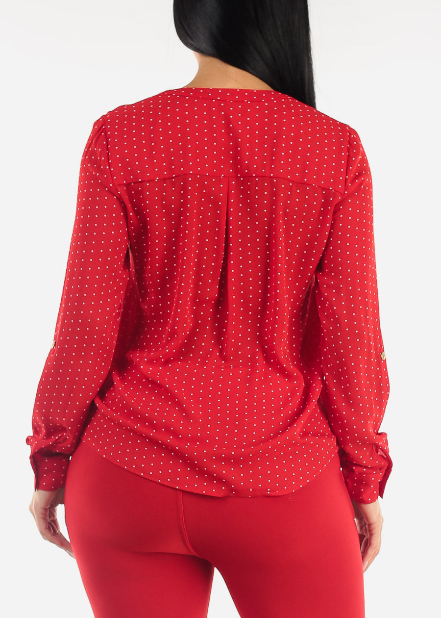 Long Sleeve Half Button Up Polka Dot Blouse Red