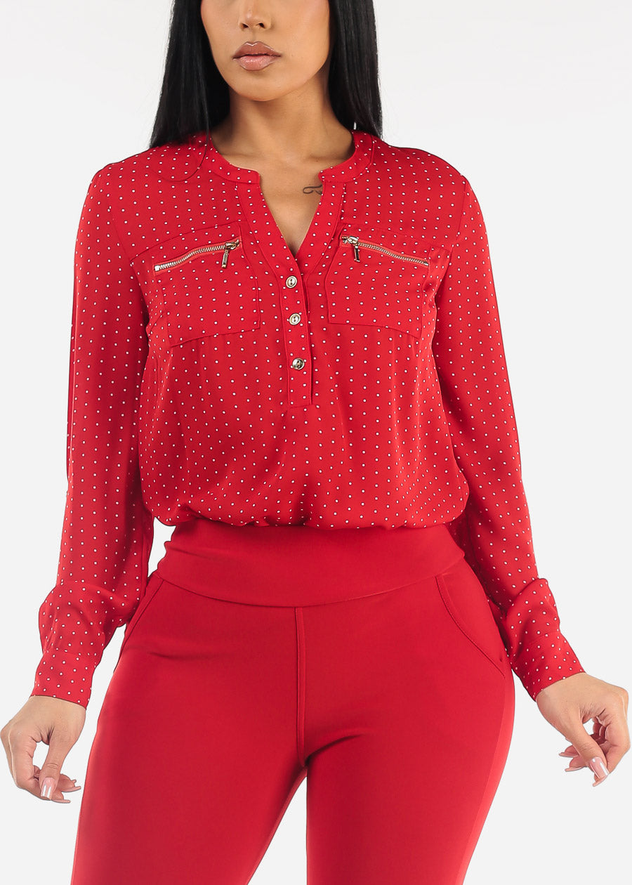 Long Sleeve Half Button Up Polka Dot Blouse Red