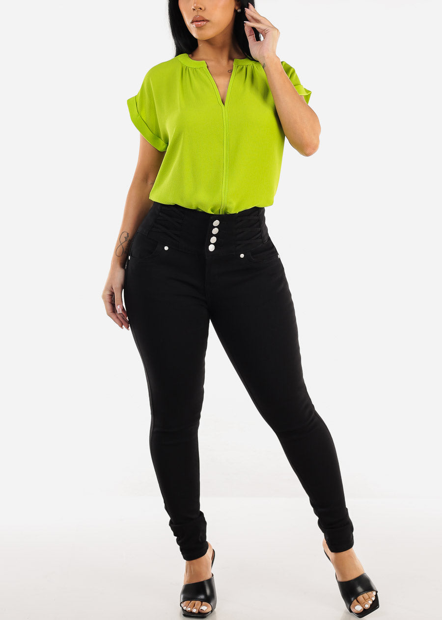 Cuffed Short Sleeve V-neck Blouse Light Green