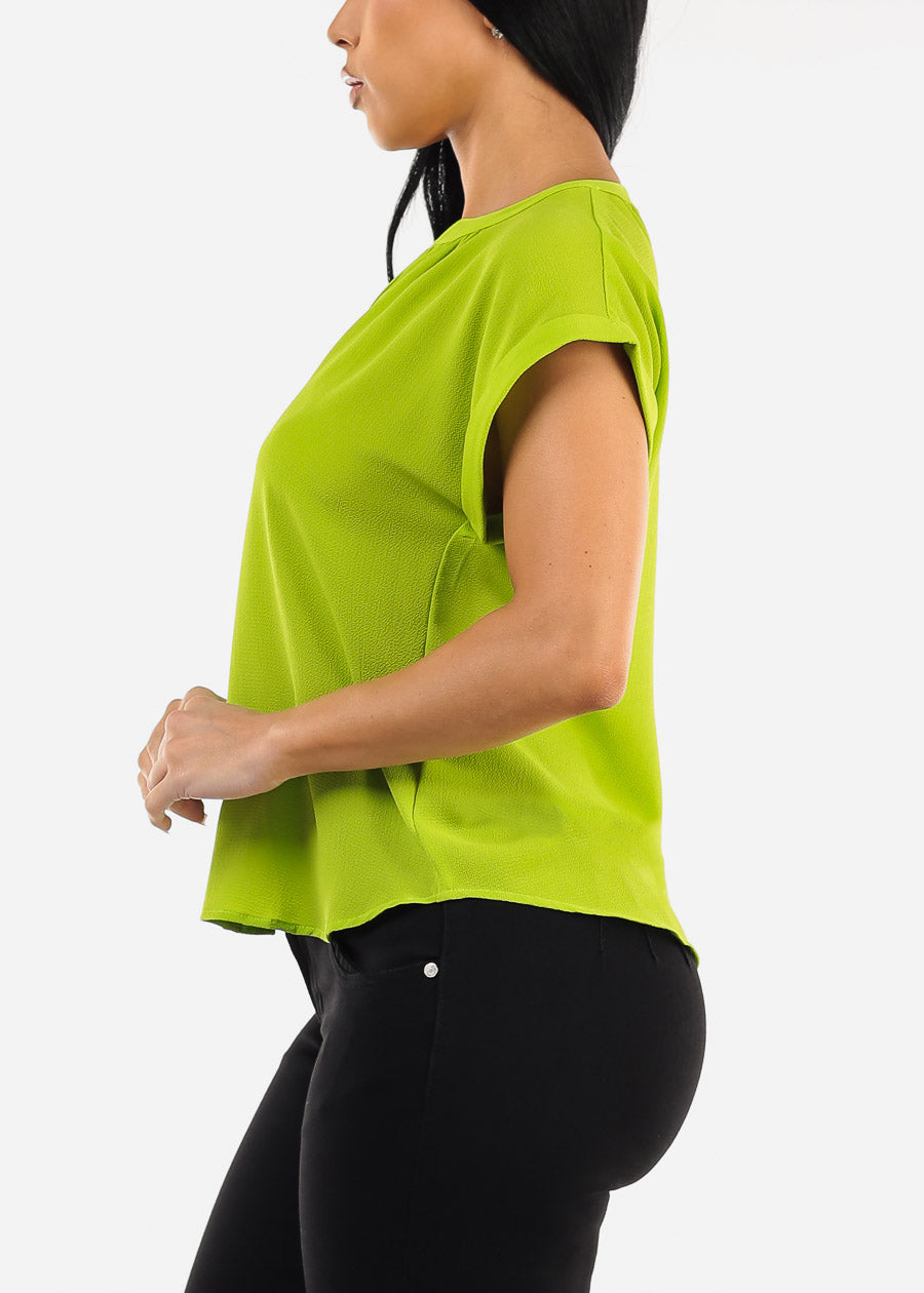 Cuffed Short Sleeve V-neck Blouse Light Green