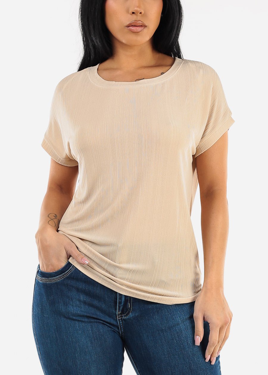 Short Sleeve Round Neck Blouse Beige