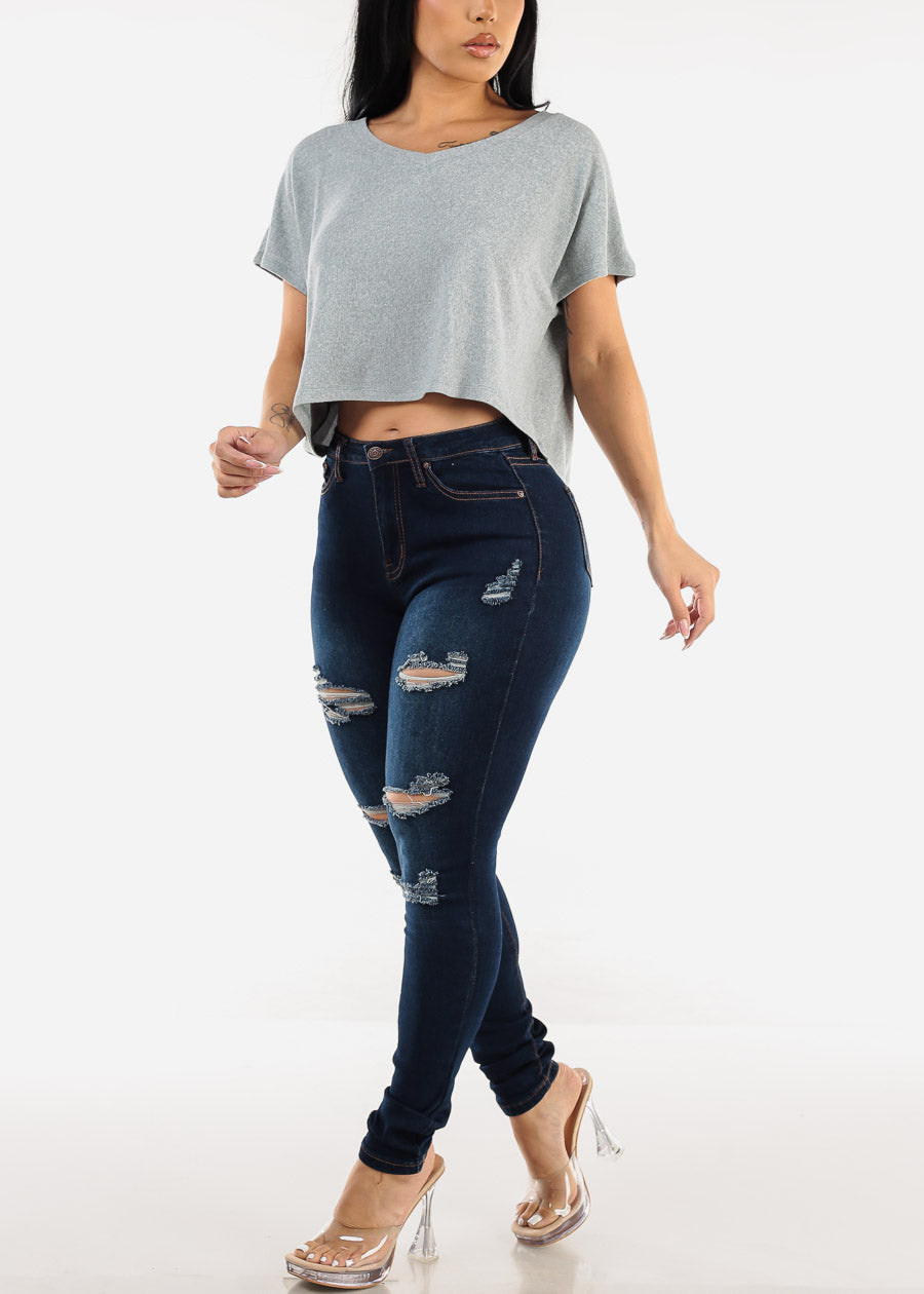 Short Sleeve Vneck Ultra Soft Crop Top Blue Grey