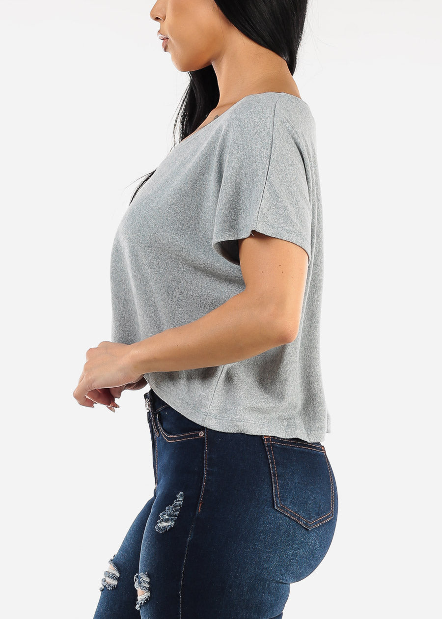 Short Sleeve Vneck Ultra Soft Crop Top Blue Grey