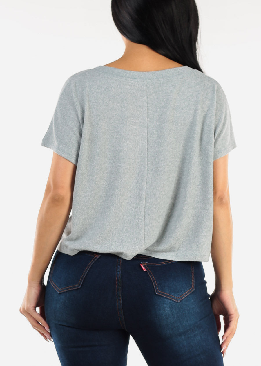 Short Sleeve Vneck Ultra Soft Crop Top Blue Grey