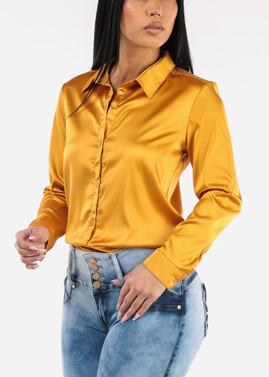 Long Sleeve Button Down Satin Blouse Mustard