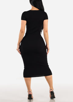 Short Sleeve Ribbed Black Bodycon Midi Dress