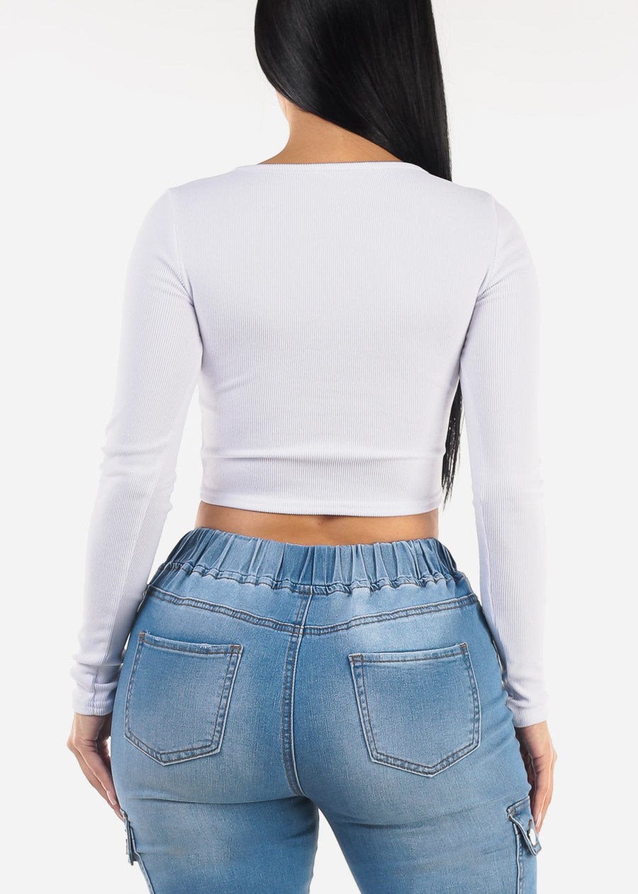 Long Sleeve Scoop Neck White Ribbed Crop Top