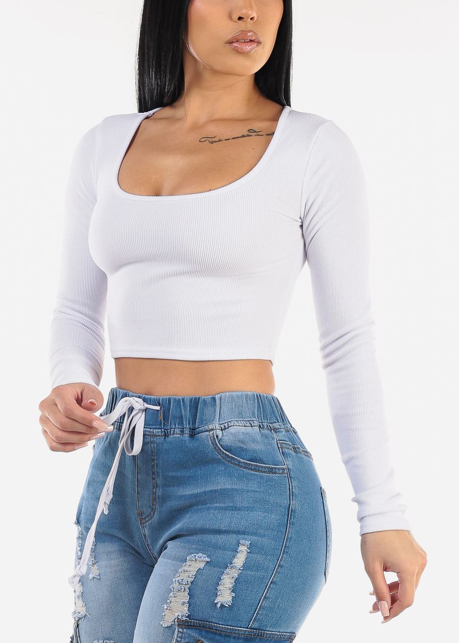 Long Sleeve Scoop Neck White Ribbed Crop Top