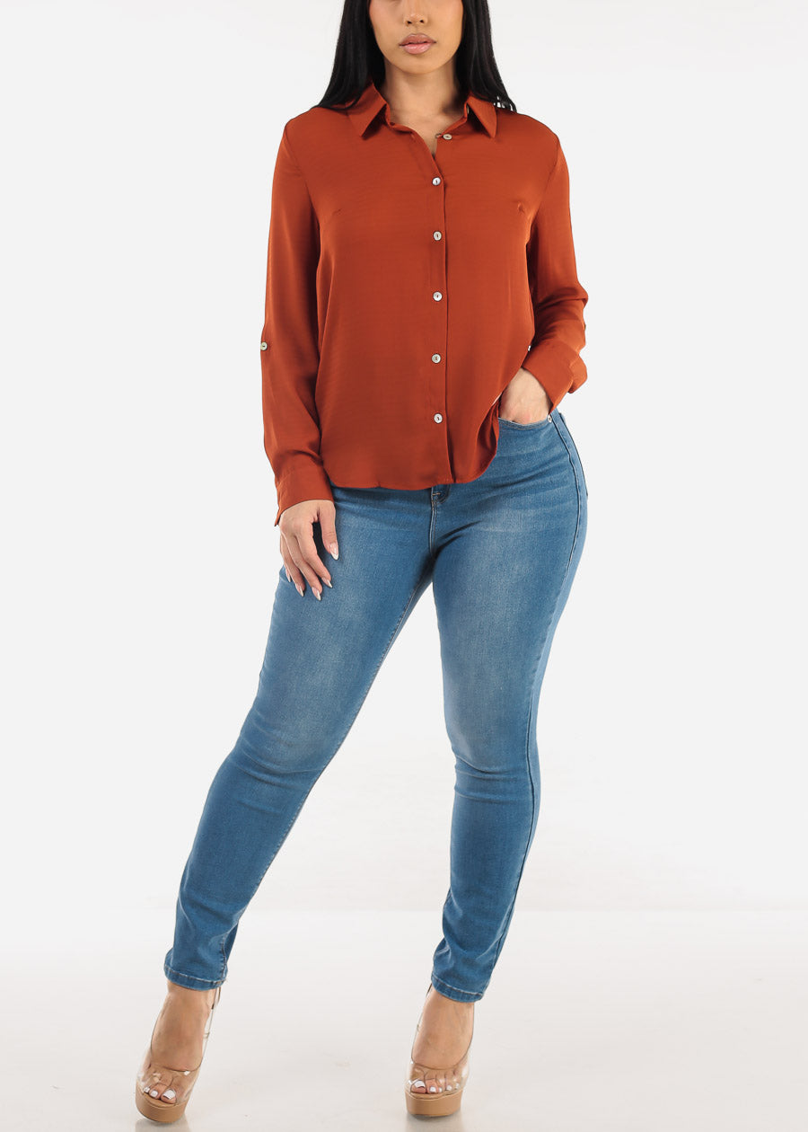 Long Sleeve Button Down Collared Blouse Rust