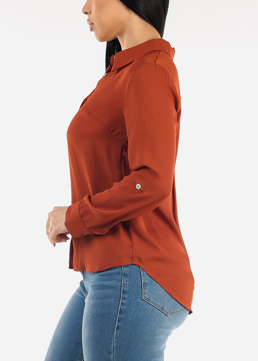 Long Sleeve Button Down Collared Blouse Rust