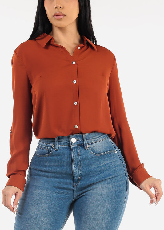 Long Sleeve Button Down Collared Blouse Rust