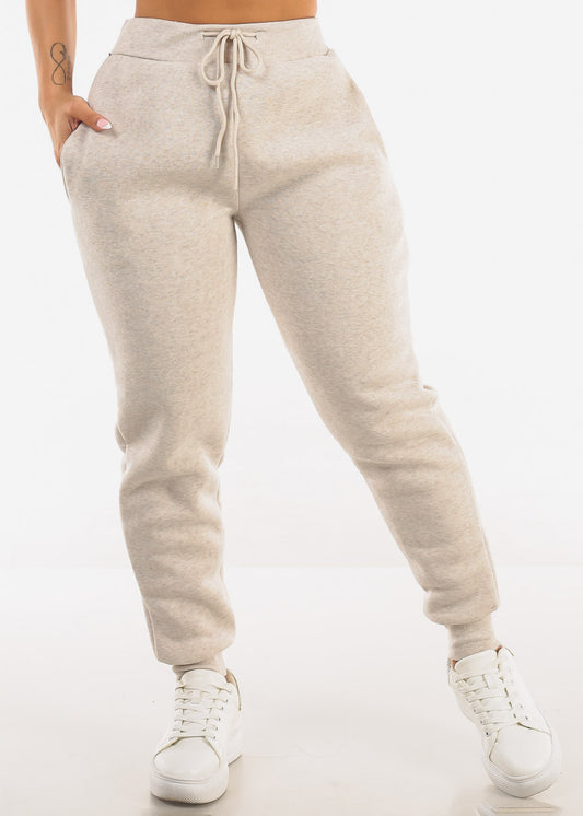 Oatmeal Fleece Drawstring Joggers w Pockets