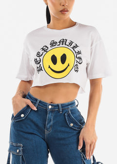 White Short Sleeve Cropped Graphic Tee "Keep Smiling"
