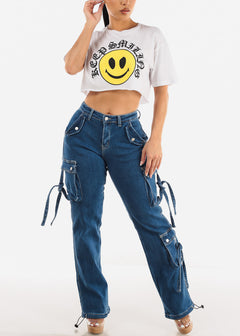 White Short Sleeve Cropped Graphic Tee "Keep Smiling"