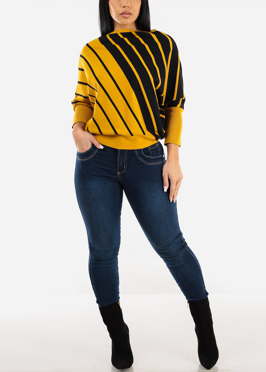 Quarter Sleeve Boat Neckline Stripe Sweater Yellow & Black