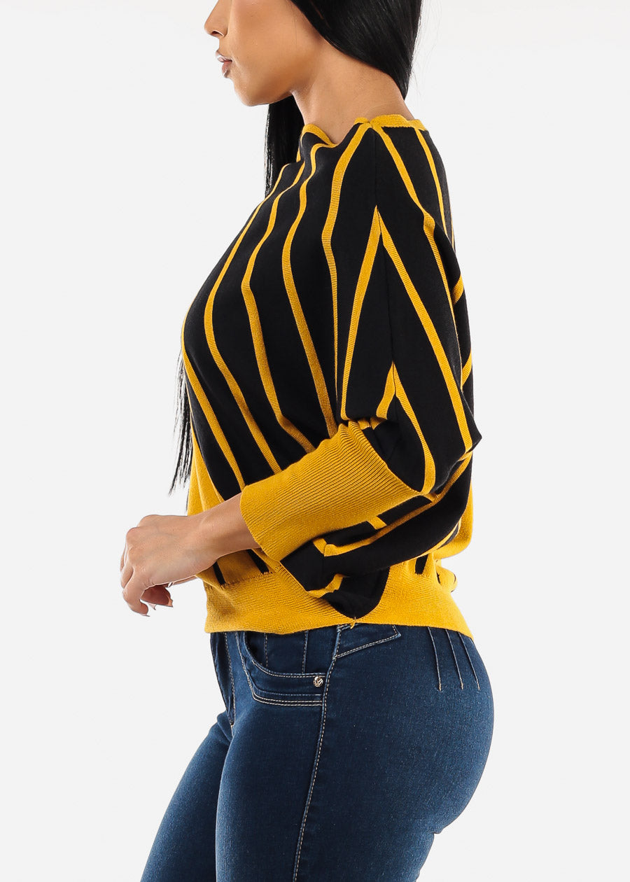 Quarter Sleeve Boat Neckline Stripe Sweater Yellow & Black