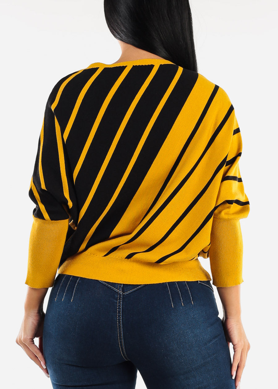 Quarter Sleeve Boat Neckline Stripe Sweater Yellow & Black