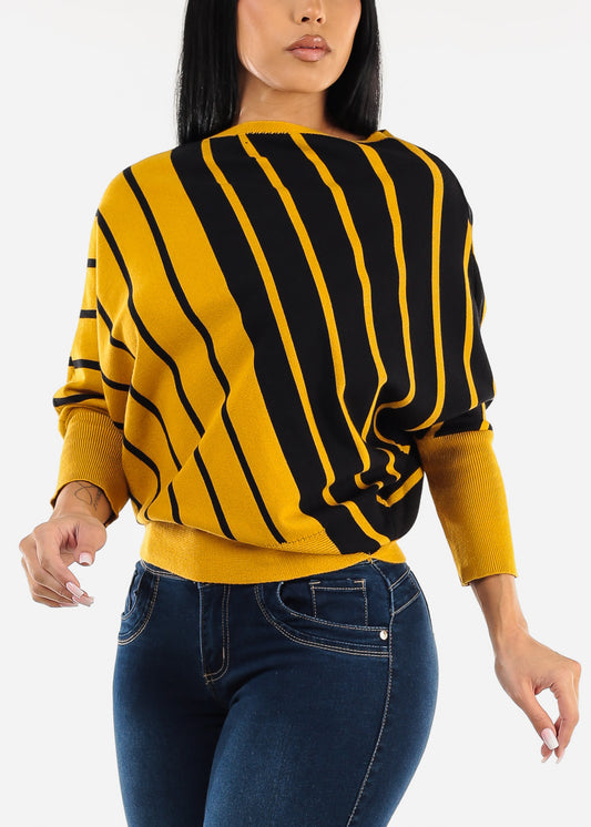 Quarter Sleeve Boat Neckline Stripe Sweater Yellow & Black