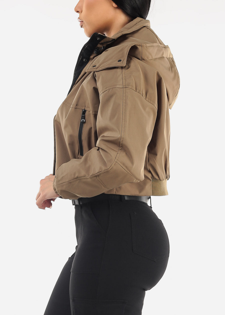 Zip Up Puffer Cropped Hooded Jacket Olive