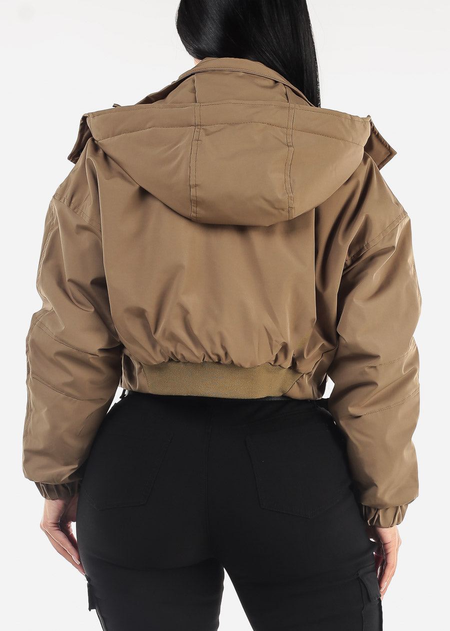 Zip Up Puffer Cropped Hooded Jacket Olive