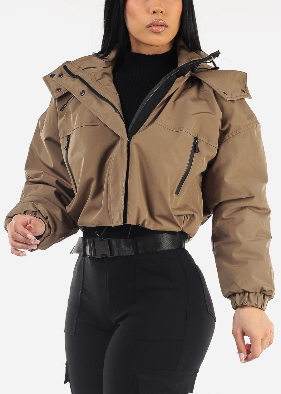 Zip Up Puffer Cropped Hooded Jacket Olive