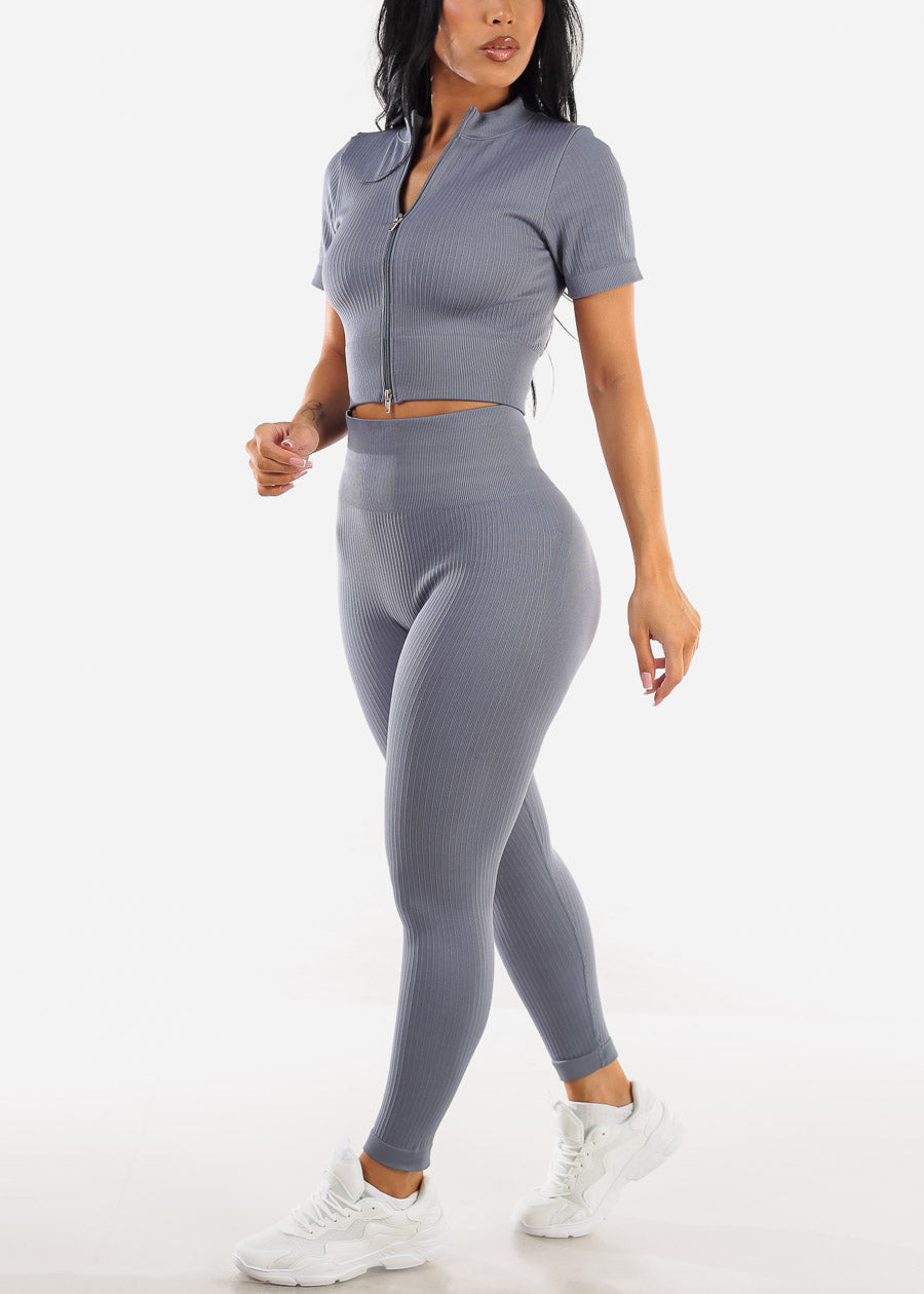 High Waist Sweetheart Butt Leggings w Zip up Crop Top (2pc Set) Grey