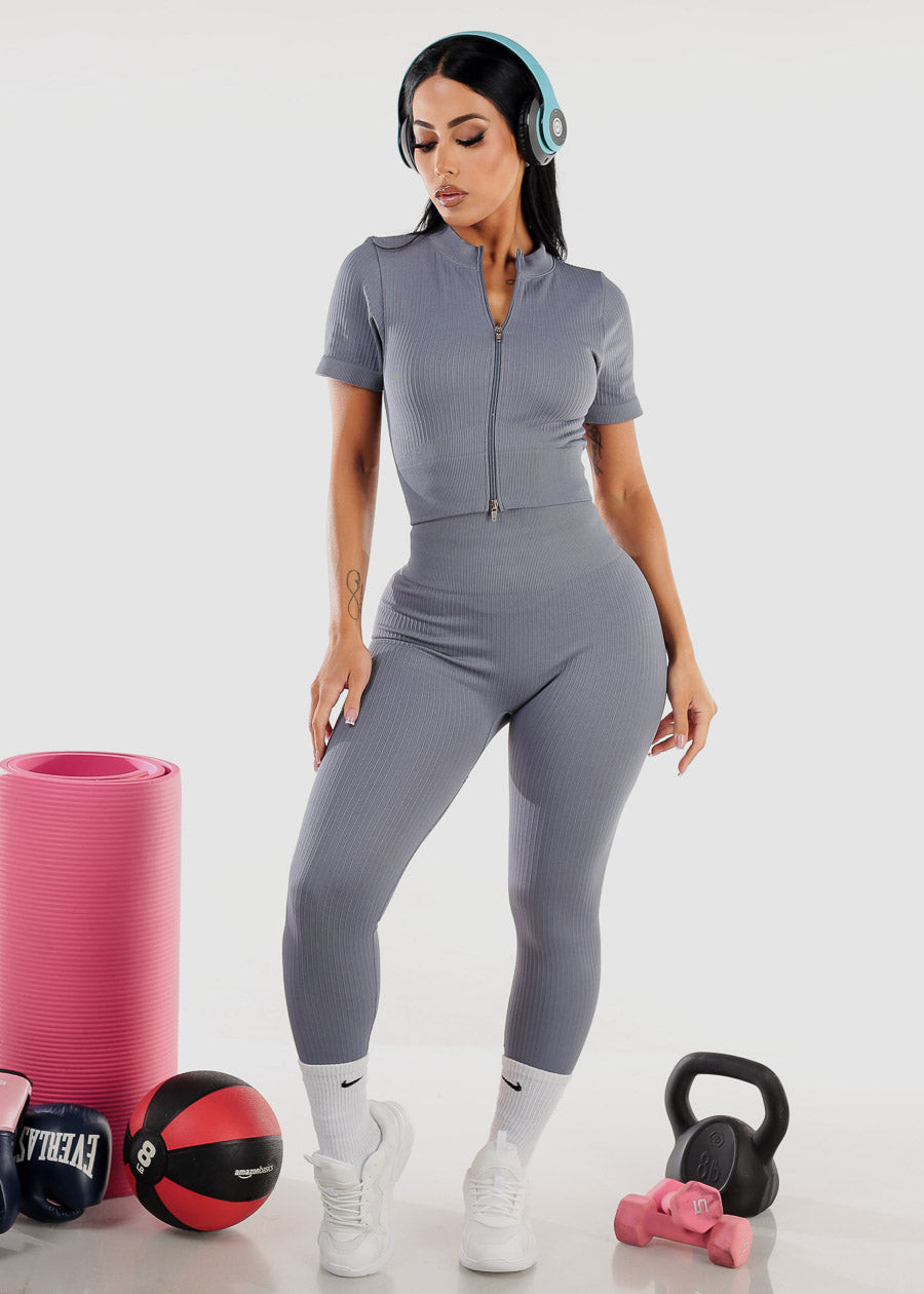 High Waist Sweetheart Butt Leggings w Zip up Crop Top (2pc Set) Grey