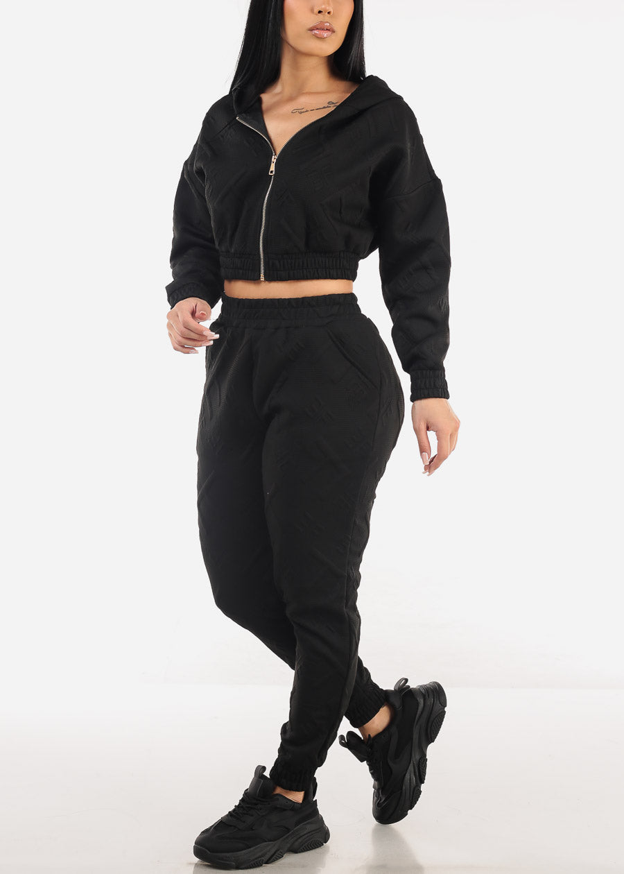 Black Crop Zip Up Jacket & Jogger Pants (2 PCE SET)