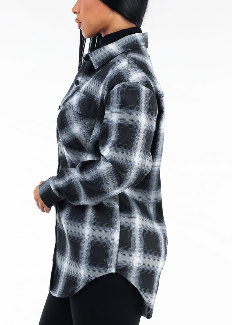 Long Sleeve Button Up  Plaid Shacket Black & White