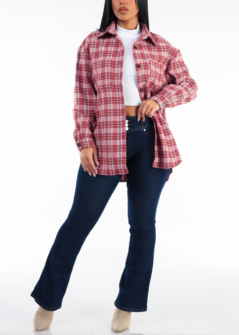 Long Sleeve Button Up  Plaid Shacket Rust & Brown