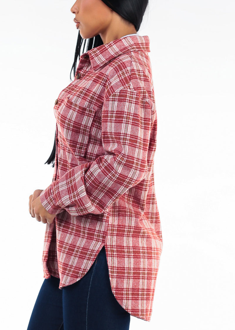 Long Sleeve Button Up  Plaid Shacket Rust & Brown