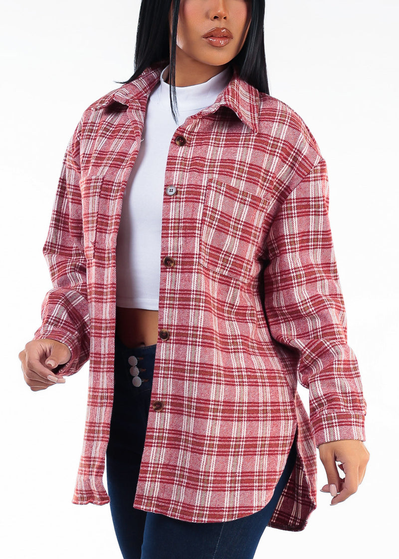 Long Sleeve Button Up  Plaid Shacket Rust & Brown