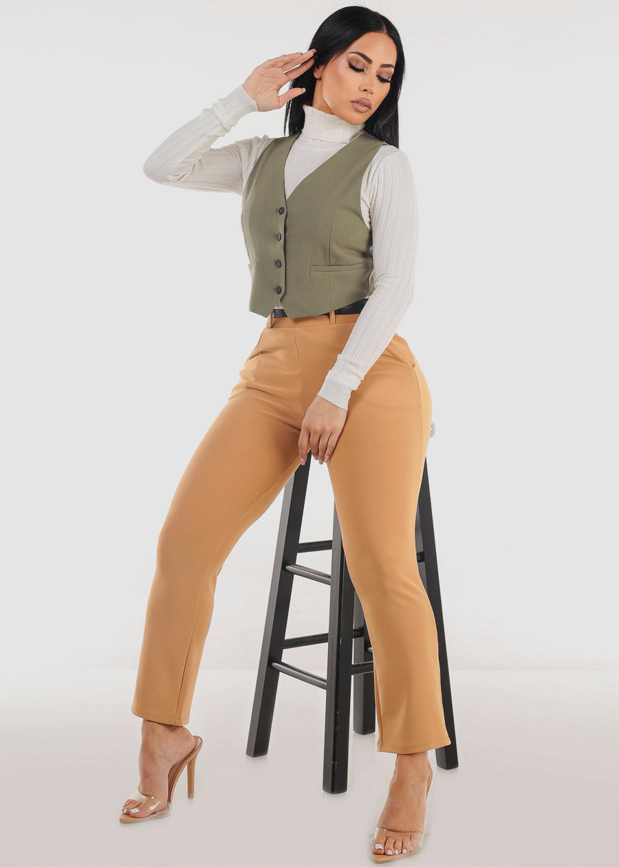 Butt Lift Straight Dressy Ankle Pants Khaki w Belt