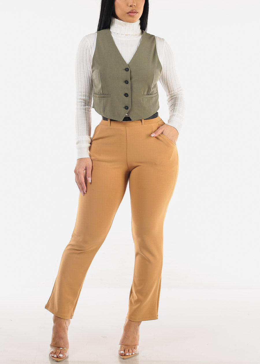 Butt Lift Straight Dressy Ankle Pants Khaki w Belt