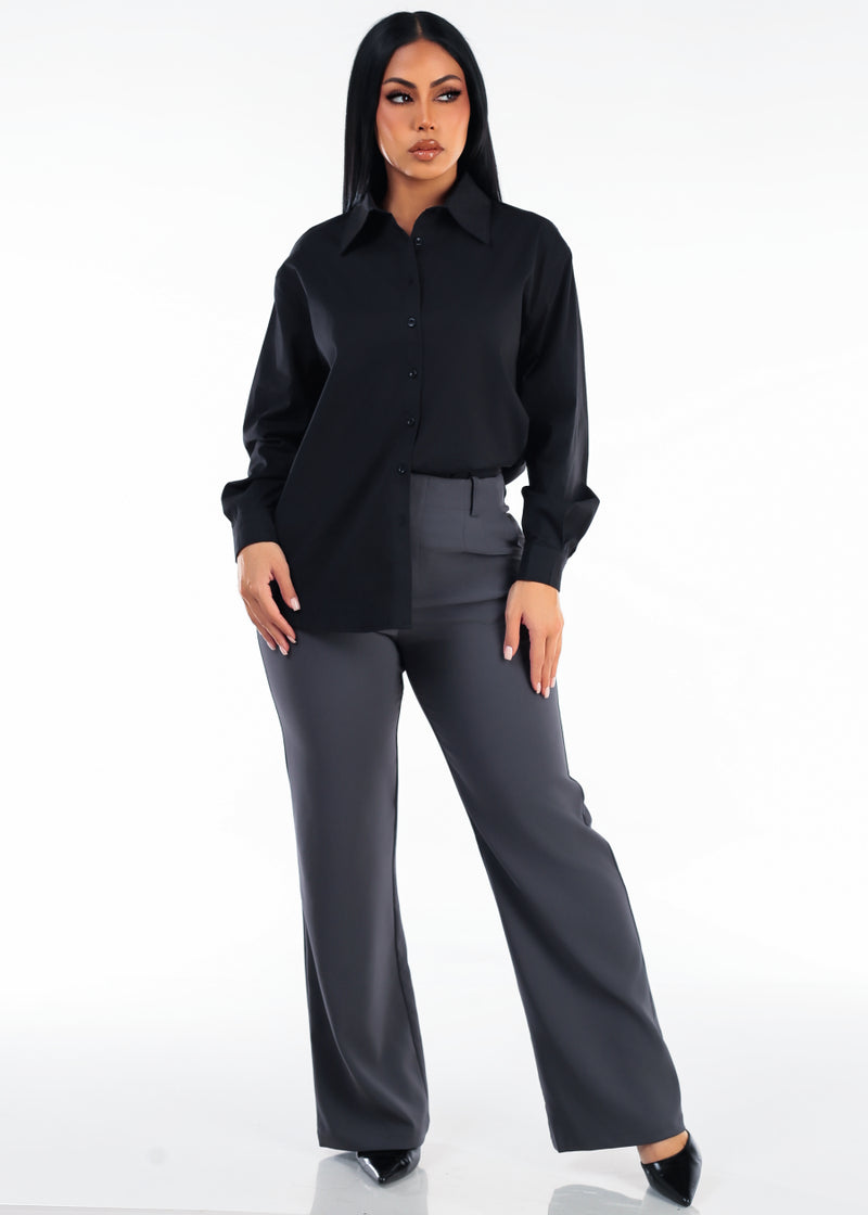 Long Sleeve Oversized Stretch Button Up Collared Blouse Black