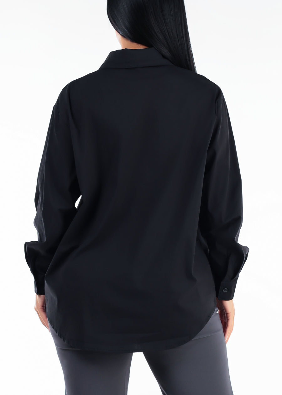 Long Sleeve Oversized Stretch Button Up Collared Blouse Black, view 4 of 5