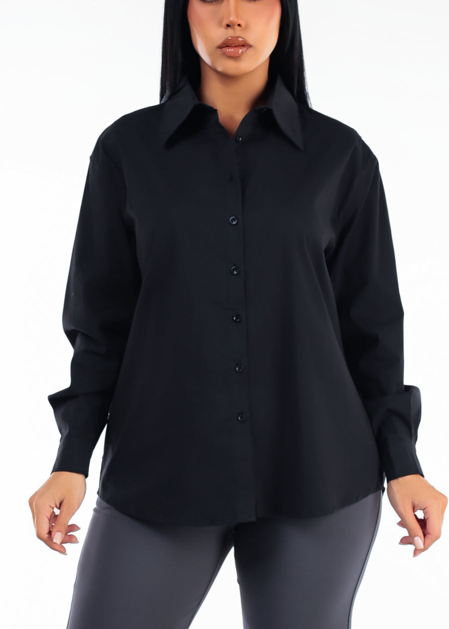 Long Sleeve Oversized Stretch Button Up Collared Blouse Black, view 5 of 5