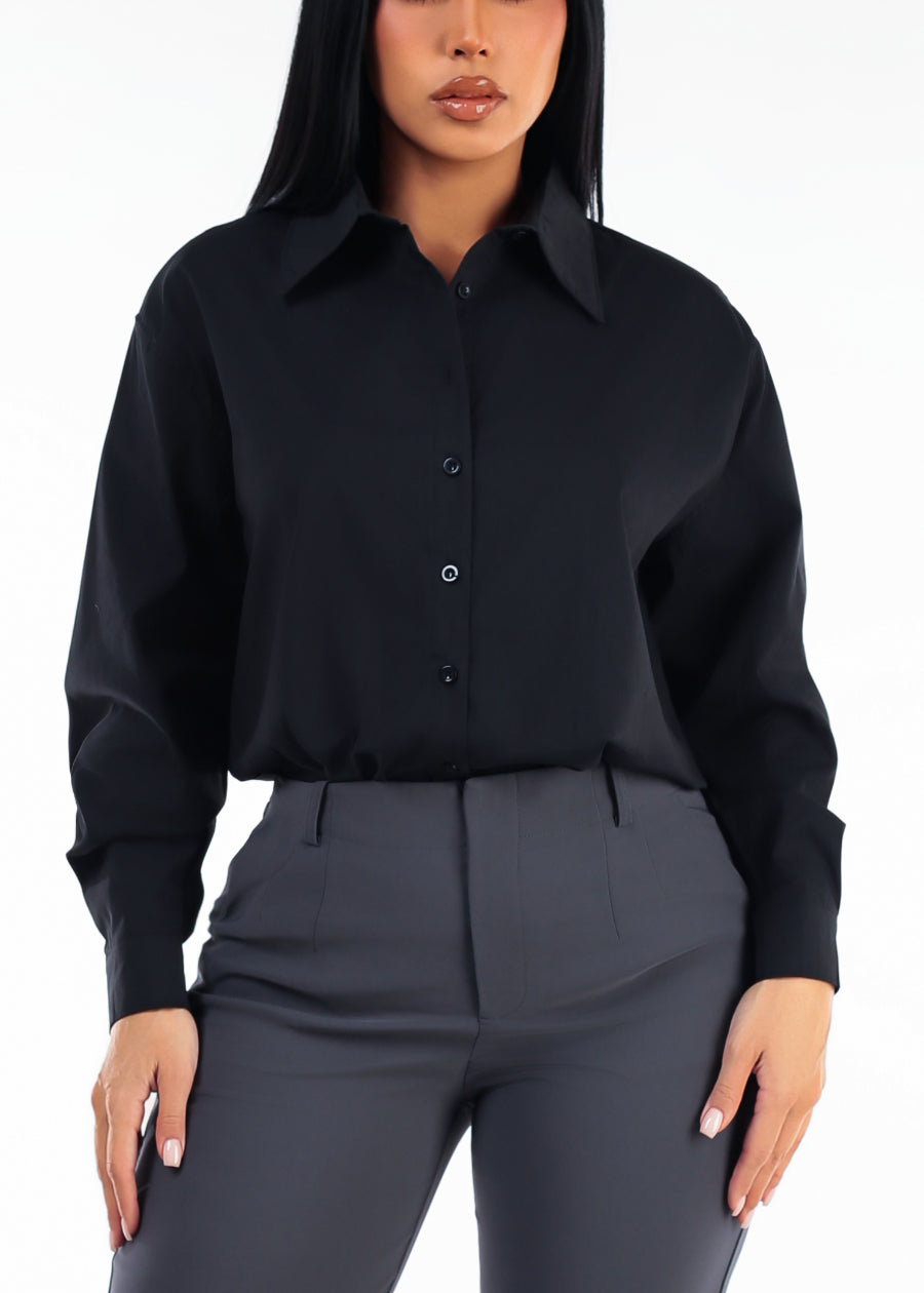 Long Sleeve Oversized Stretch Button Up Collared Blouse Black, view 1 of 5