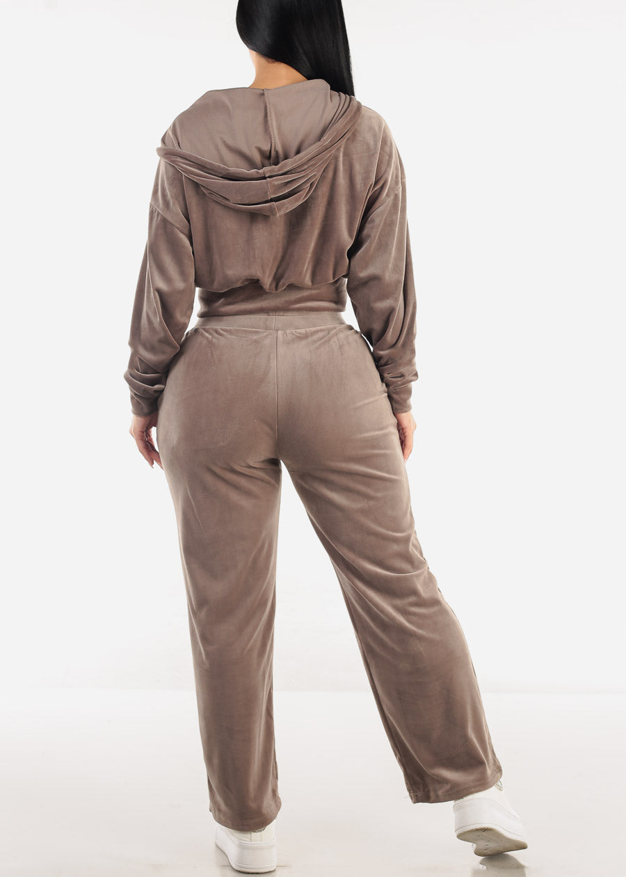 Hooded Zip Up Velvet Tracksuit Mocha (2 PCE SET)