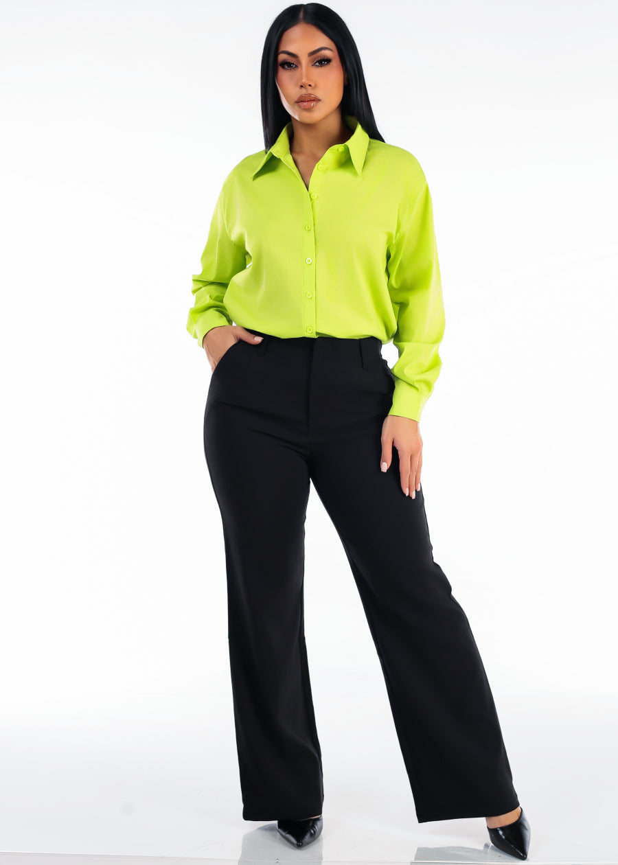 Long Sleeve Oversized Stretch Button Up Collared Blouse Bright Green, view 2 of 5