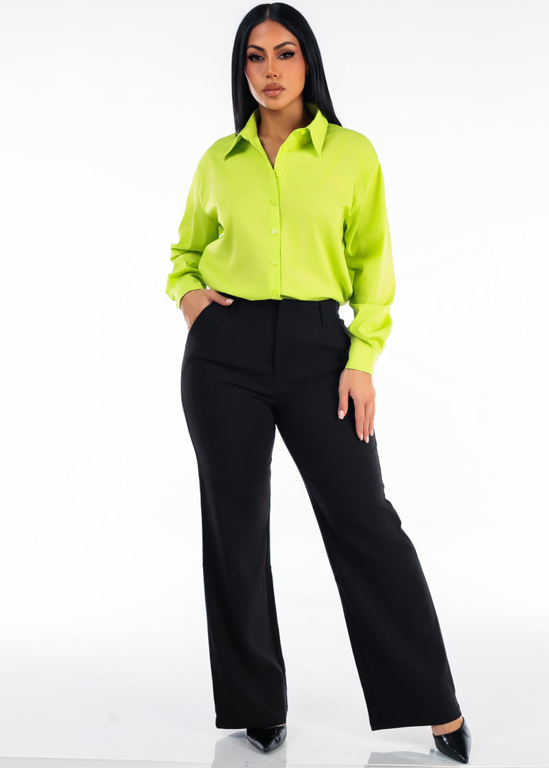 Long Sleeve Oversized Stretch Button Up Collared Blouse Bright Green