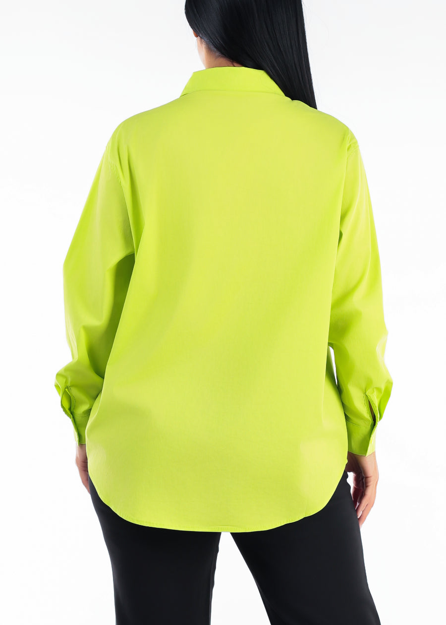 Long Sleeve Oversized Stretch Button Up Collared Blouse Bright Green, view 4 of 5