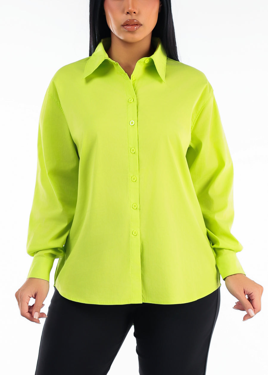 Long Sleeve Oversized Stretch Button Up Collared Blouse Bright Green, view 5 of 5