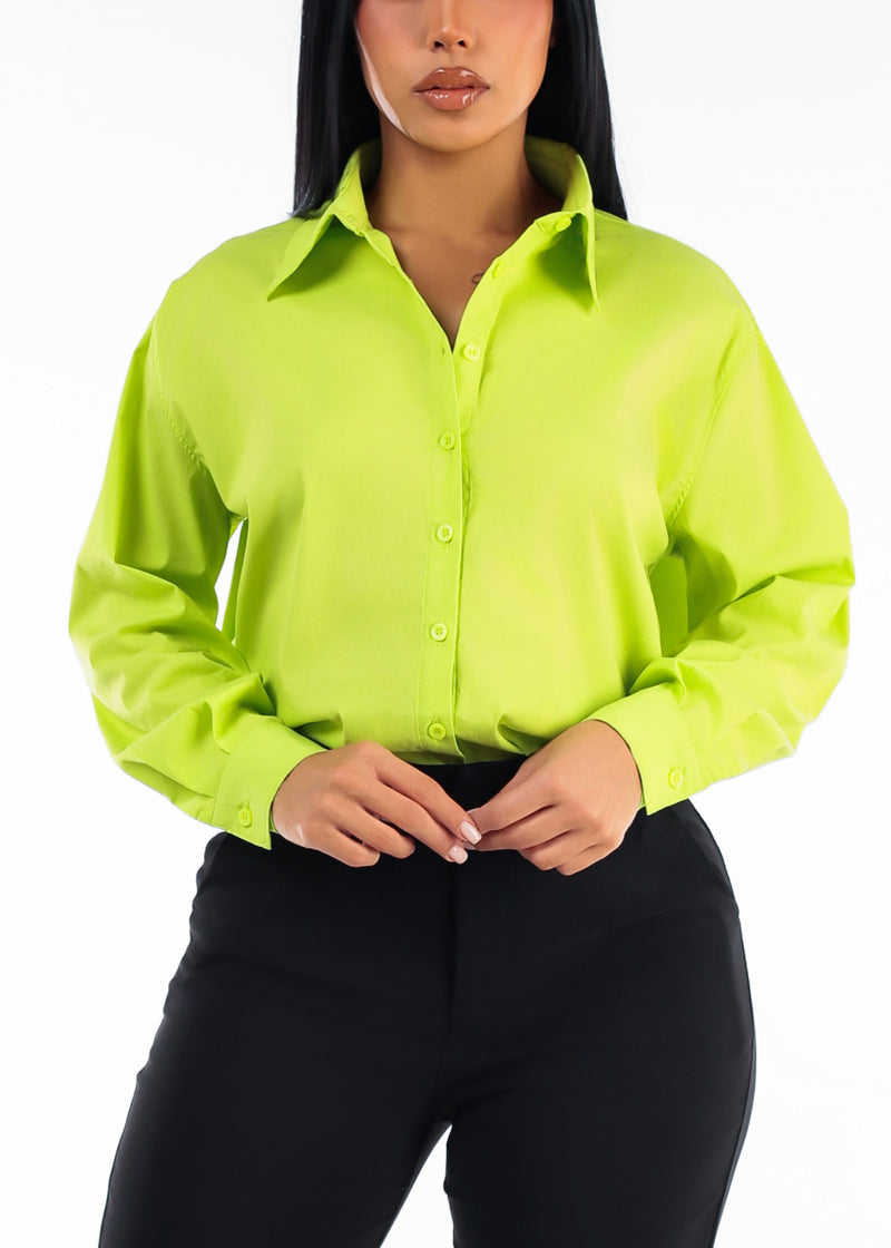Long Sleeve Oversized Stretch Button Up Collared Blouse Bright Green