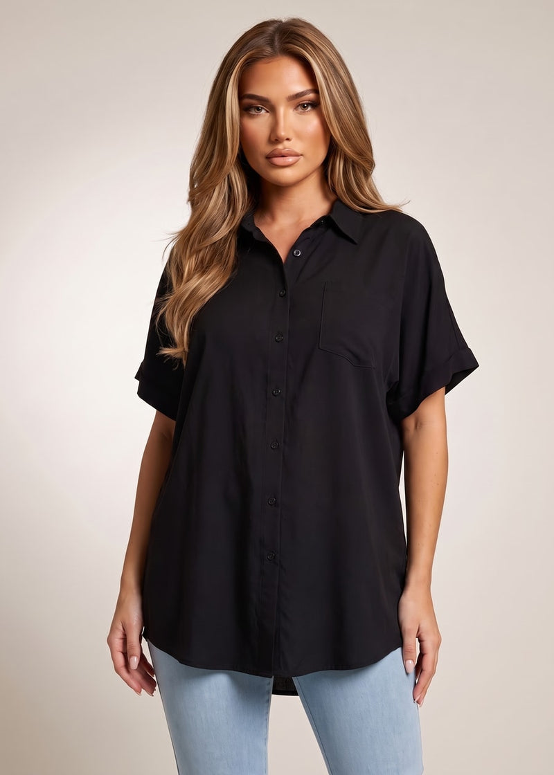 Short Sleeve Button Up Collared Shirt Black